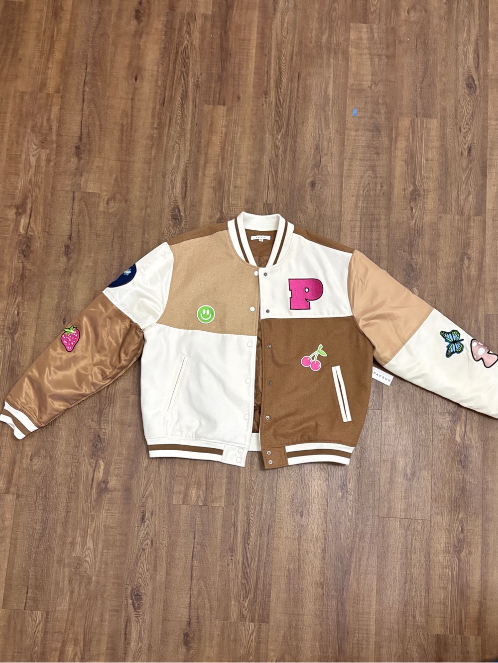 PacSun Colorblock Pink P Patch Varsity Jacket - Cream, Brown, Tan